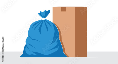 Blue garbage bag stands beside a tall brown cardboard shipping box isolated on white.