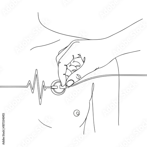 A minimalist line drawing of a hand adjusting a stethoscope on a person's chest with a heartbeat waveform, conveying a medical theme in a simple style.