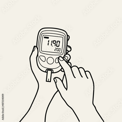 Line drawing of two hands holding and operating a blood glucose monitor with a digital display on a plain background.