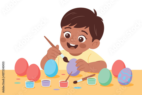 A young boy happily painting colorful Easter eggs with vibrant brushes