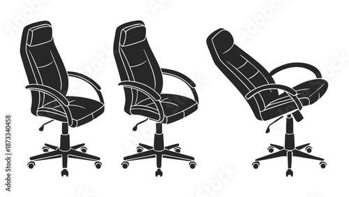 Three distinct views of a modern office chair are presented in a striking black and white silhouette