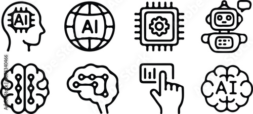 artificial intelligence ai brain black line icons set vector illustration 