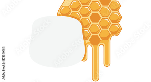 White mockup space sits beside dripping golden honeycomb structure with sweet nectar.