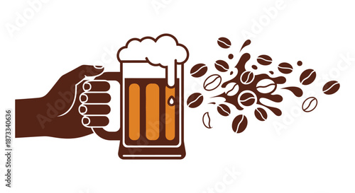 Hand firmly grips a foamy beer mug while coffee beans explode outward dramatically.