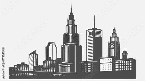 A striking black and white cityscape illustration featuring iconic skyscrapers and a bridge in silhouette