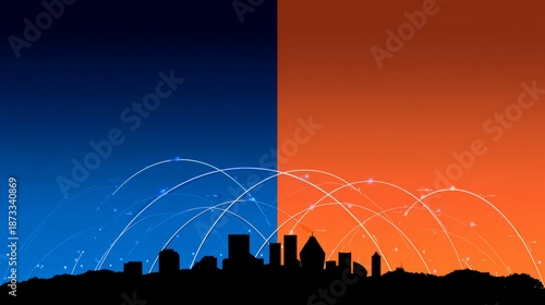 future. Abstract city skyline with glowing connection lines against a gradien...