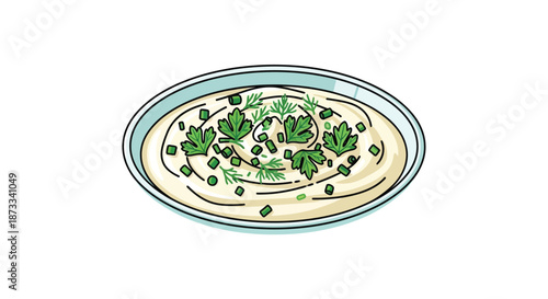 Smooth, creamy dip garnished with chopped parsley and dill sits in a white bowl.