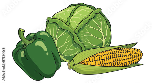Fresh green vegetables including bell pepper, cabbage head, and corn cob are.