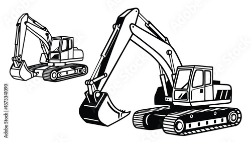 Detailed black and white illustration of two excavators in a construction setting presented as a silhouette