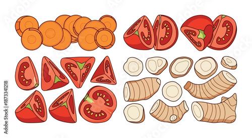 Collection of sliced raw vegetables including carrots, tomatoes, and ginger root.