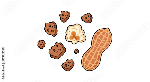 Scattered peanut, popcorn kernel, and broken chocolate cookie crumbs are displayed.