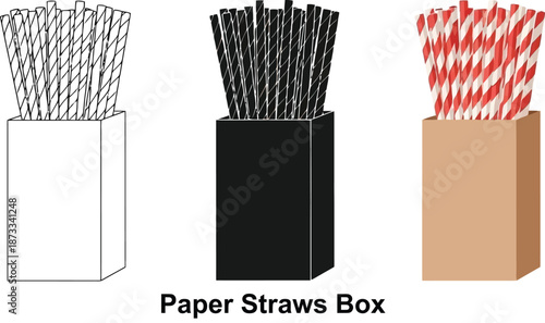 Collection of paper straws in boxes including outline black silhouette and red and white striped designs perfect for eco-friendly beverage packaging concepts