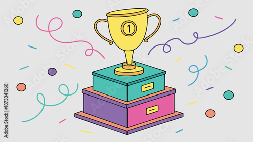 A golden trophy stands atop stacked boxes surrounded by colorful confetti and celebratory shapes silhouette