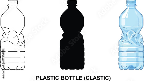 Set of crumpled plastic water bottle icons in outline silhouette and color vector representing recycling and environmental concepts isolated on white
