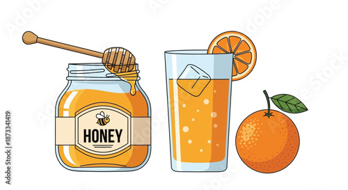 Jar of golden honey with dipper sits beside an orange juice drink and a whole orange.