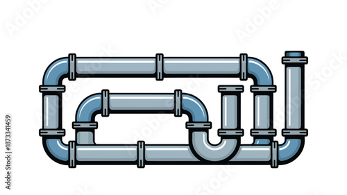 An illustration of a complex system of connected metal pipes on a white background