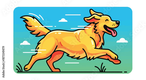 Golden retriever dog runs happily across a grassy field under a bright blue sky.