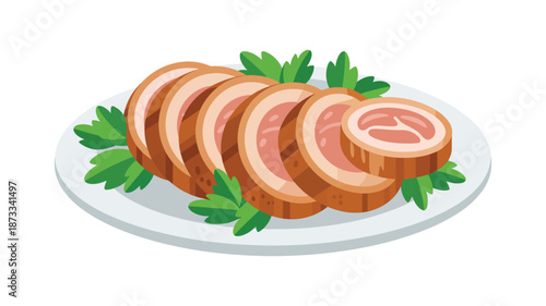 A plate of sliced meat with green leaves on a white background