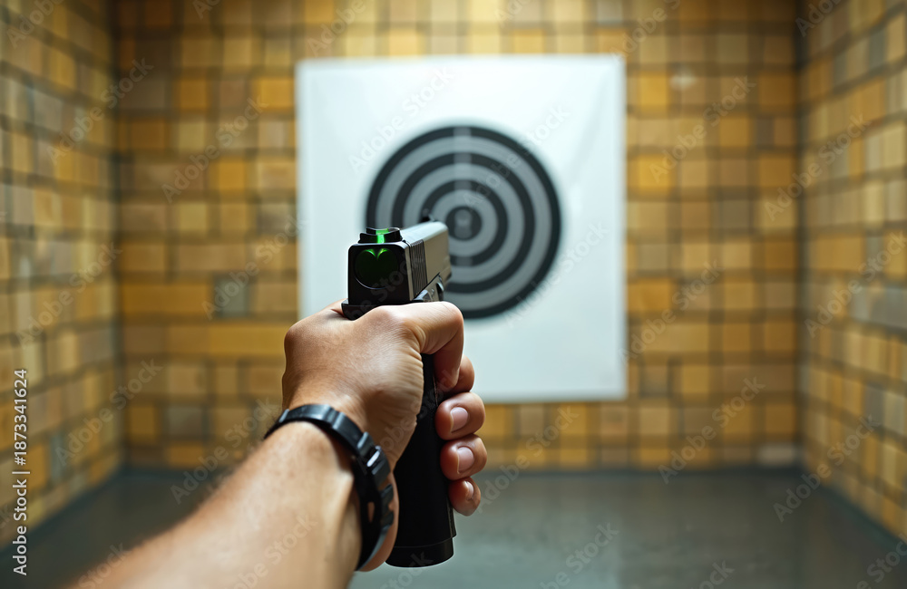 Naklejka premium First person view of man aiming pistol at target. Shooter holds gun in right hand. Weapon points at center of target at shooting range. Hand holds firearm ready for action.