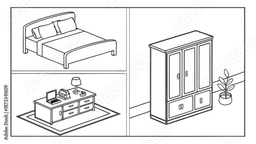 Minimalist bedroom furniture layout featuring a bed wardrobe and desk set displayed in a line art silhouette