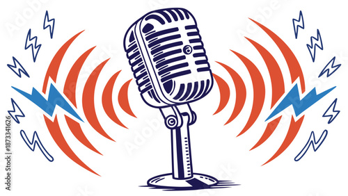 A vintage microphone with radiating sound waves and lightning bolts a striking visual representation silhouette