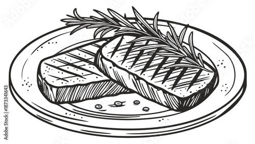 An artistic black and white illustration of grilled steak with rosemary garnish on a plate silhouette