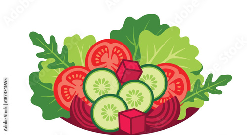 Fresh garden salad ingredients include sliced tomatoes, cucumbers, and beets atop.