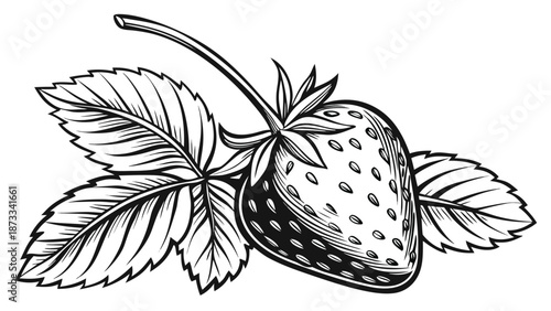 A detailed vintage style illustration of a ripe strawberry with leaves presented as a striking silhouette