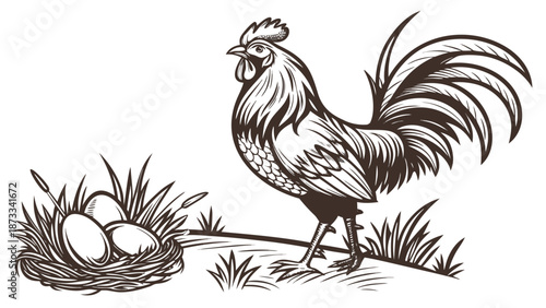 A detailed illustration of a proud rooster standing near a nest with eggs a striking silhouette