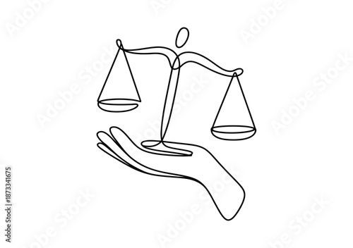 A hand holding a scale of justice in a simple line drawing style