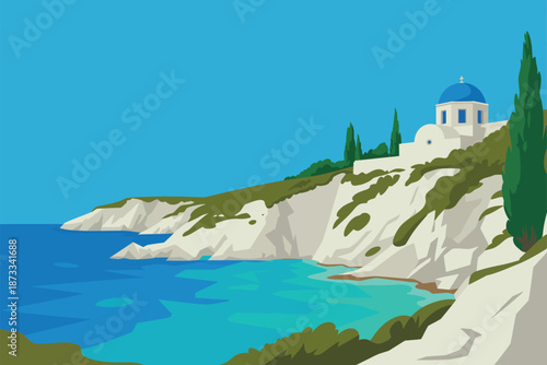 A serene Greek island landscape with a white church on a cliffside