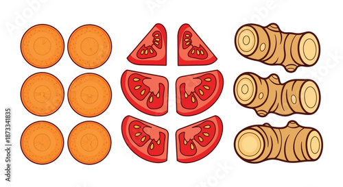 Sliced carrots, tomatoes, and ginger roots arranged neatly on a white surface.