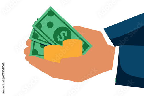 A hand in a business suit holding dollar bills and coins.