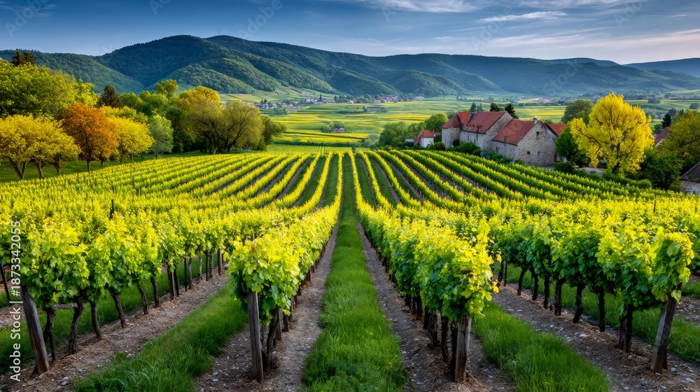 Obraz premium Green vineyard rows leading to village and mountains