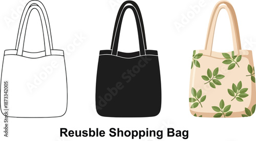 Collection of reusable shopping bags including a line art outline a solid black tote and a patterned canvas bag with leaves isolated on white