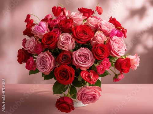 Vibrant bouquet of red and pink roses in a white vase isolated on white background