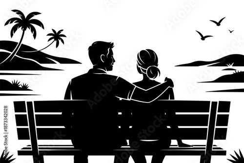A romantic couple sitting on a bench overlooking a serene tropical landscape