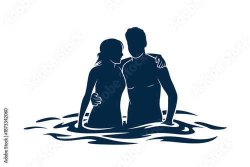 A loving couple standing together in the water on a romantic getaway