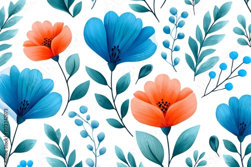 Floral watercolor pattern with blue and orange flowers
