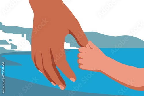 An adult hand holding a child's hand over a scenic ocean view