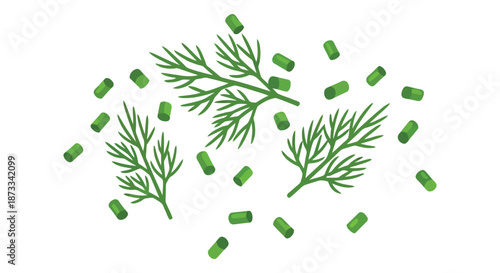 Fresh green dill sprigs scatter among small cylindrical chive pieces randomly.