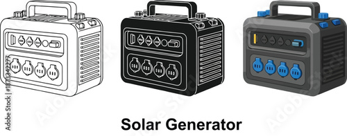 Collection of solar generator illustrations including line art silhouette and realistic render for power solutions and renewable energy concepts