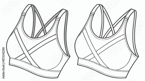 Technical illustration of two sports bras showcasing design details and construction presented as a clean silhouette