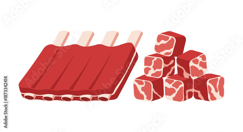 Raw beef ribs and diced cubes of muscle meat are isolated on white background for.