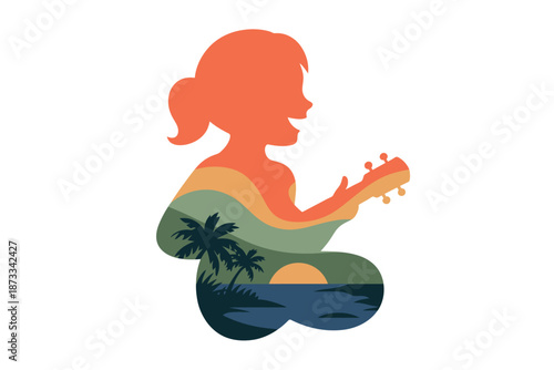A woman playing a ukulele with a tropical island sunset design