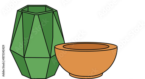 Geometric green vase stands next to a simple terracotta bowl on a white background.