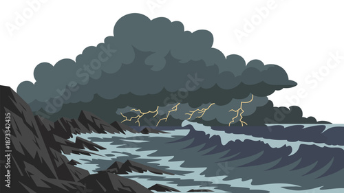 A dramatic illustration of a stormy sea with lightning and dark clouds