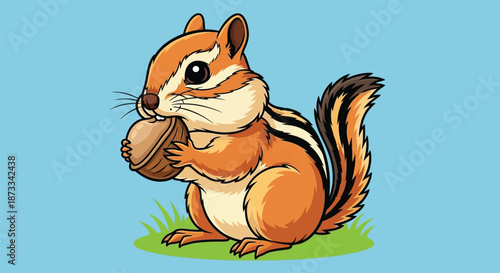Cute chipmunk holding a large brown nut firmly between its front paws on green grass.