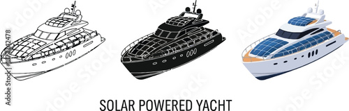 Collection of solar powered yacht illustrations showcasing different styles from sketch to full color ideal for eco-friendly travel concepts