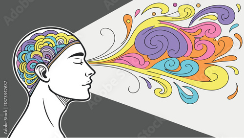 A woman s profile with colorful swirling patterns emanating from her head a creative thought process silhouette